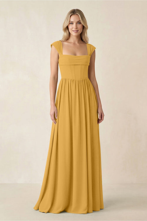 Cap Sleeve Corset A - Line Chiffon Bridesmaid Dress in Marigold - KissProm Bridesmaid Dresses