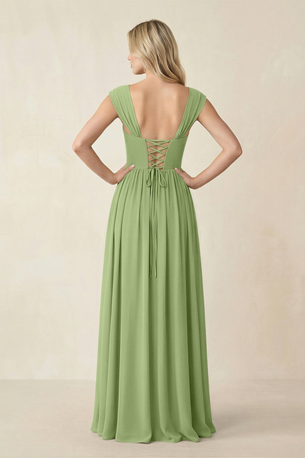 Cap Sleeve Corset A - Line Chiffon Bridesmaid Dress in Matcha - KissProm Bridesmaid Dresses