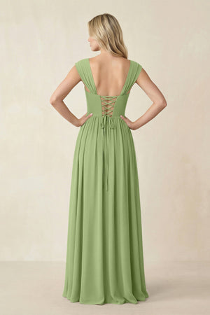 Cap Sleeve Corset A - Line Chiffon Bridesmaid Dress in Matcha - KissProm Bridesmaid Dresses