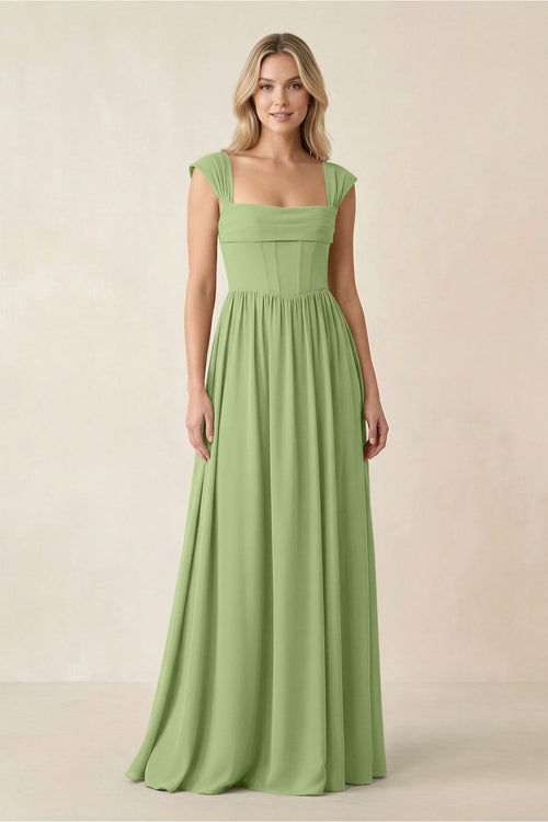 Cap Sleeve Corset A - Line Chiffon Bridesmaid Dress in Matcha - KissProm Bridesmaid Dresses