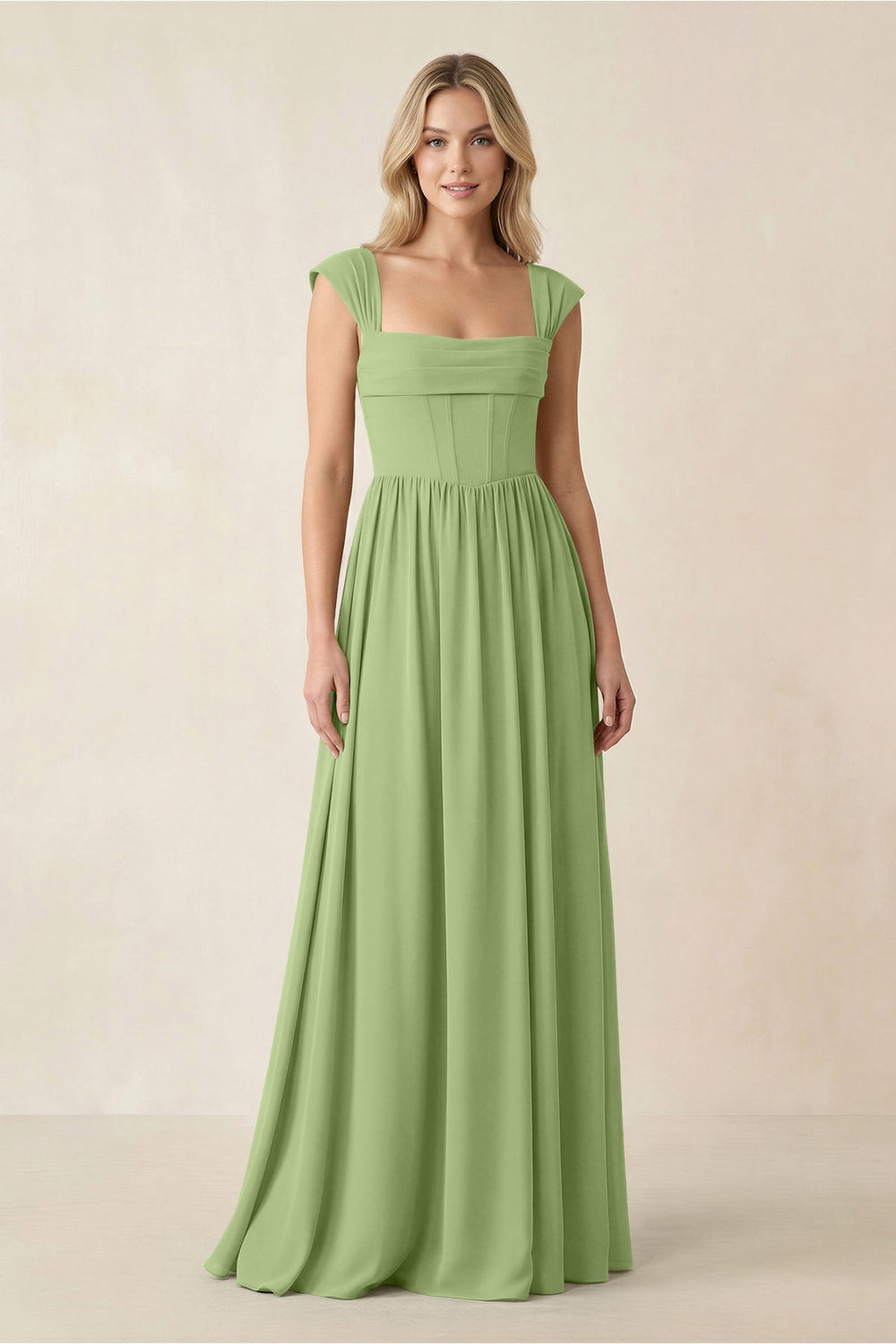 Cap Sleeve Corset A - Line Chiffon Bridesmaid Dress in Matcha - KissProm Bridesmaid Dresses