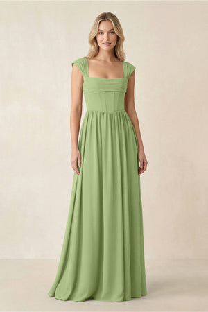 Cap Sleeve Corset A - Line Chiffon Bridesmaid Dress in Matcha - KissProm Bridesmaid Dresses