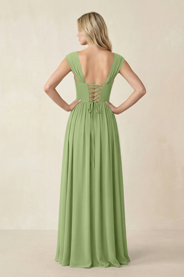 Cap Sleeve Corset A - Line Chiffon Bridesmaid Dress in Matcha - KissProm Bridesmaid Dresses