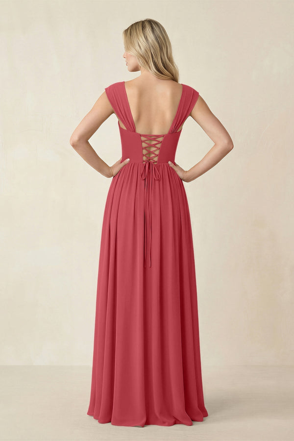 Cap Sleeve Corset A - Line Chiffon Bridesmaid Dress in Merlot - KissProm Bridesmaid Dresses