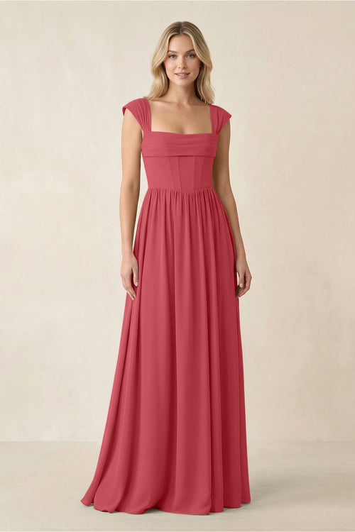 Cap Sleeve Corset A - Line Chiffon Bridesmaid Dress in Merlot - KissProm Bridesmaid Dresses