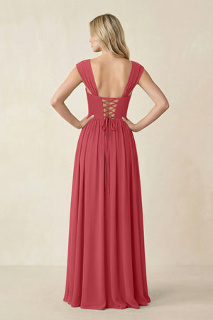 Cap Sleeve Corset A - Line Chiffon Bridesmaid Dress in Merlot - KissProm Bridesmaid Dresses