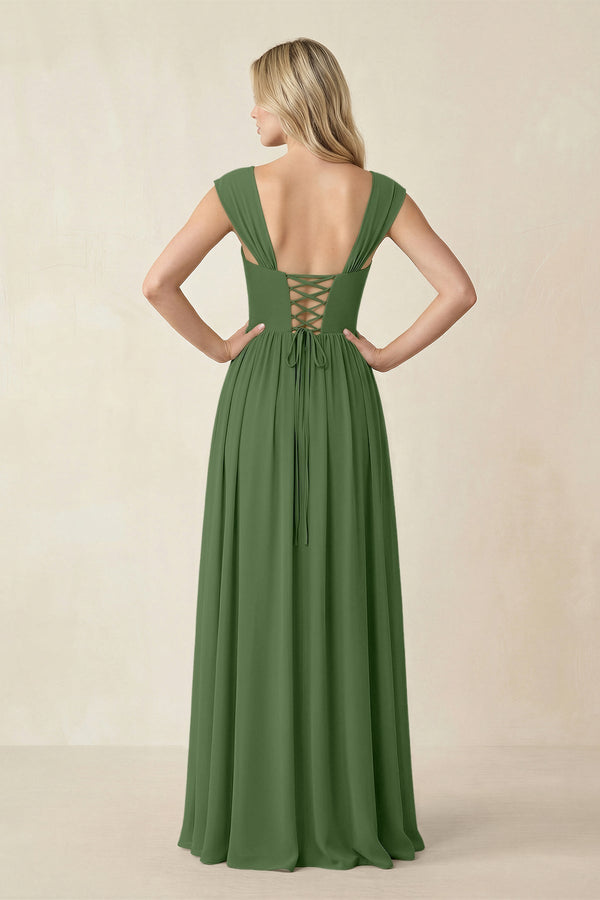 Cap Sleeve Corset A - Line Chiffon Bridesmaid Dress in Moss - KissProm Bridesmaid Dresses