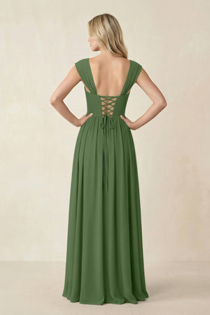 Cap Sleeve Corset A - Line Chiffon Bridesmaid Dress in Moss - KissProm Bridesmaid Dresses