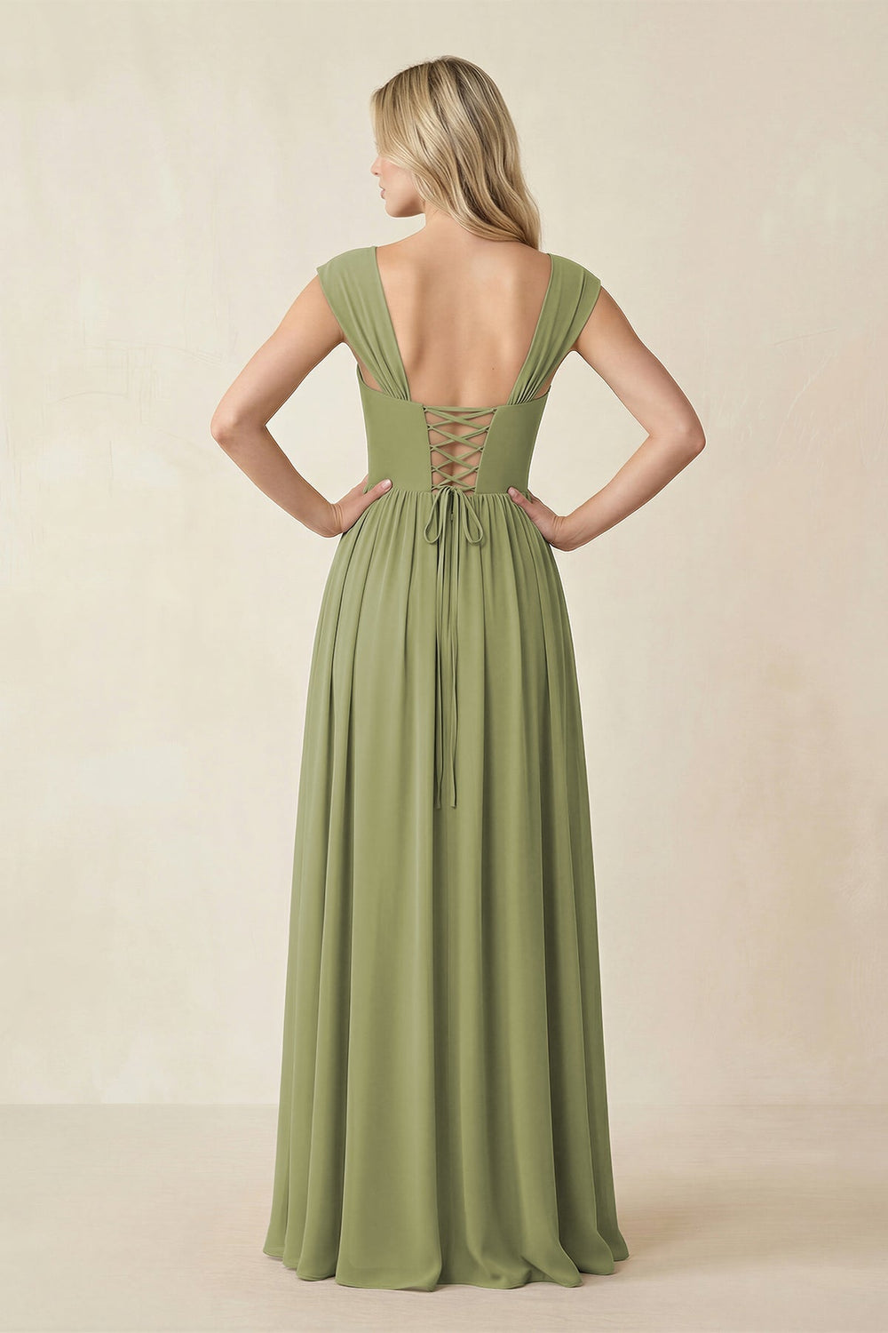 Cap Sleeve Corset A - Line Chiffon Bridesmaid Dress in Moss Green - KissProm Bridesmaid Dresses