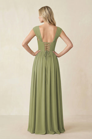 Cap Sleeve Corset A - Line Chiffon Bridesmaid Dress in Moss Green - KissProm Bridesmaid Dresses