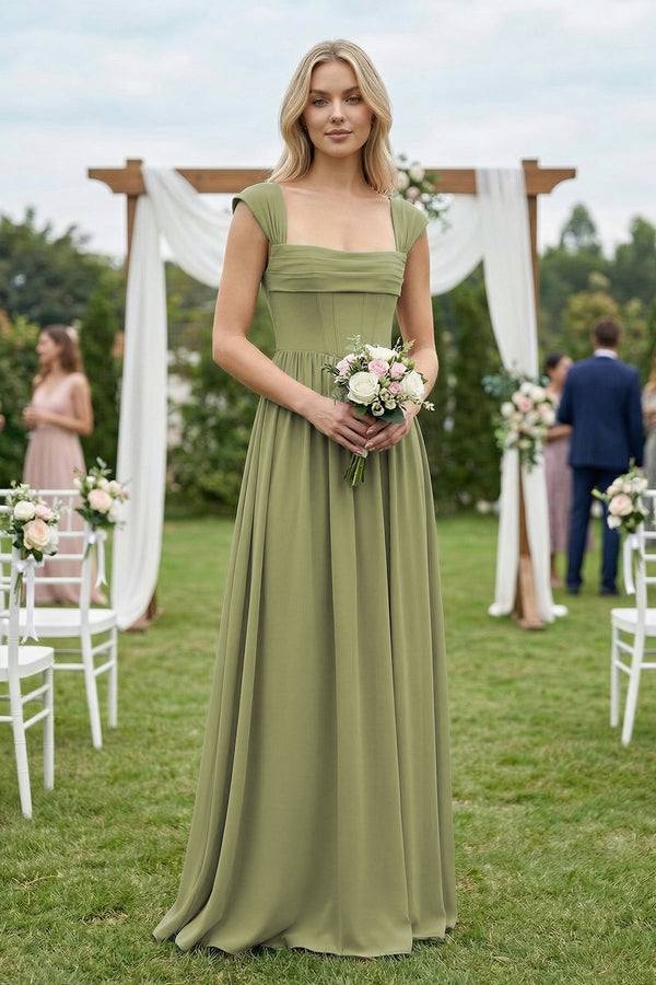 Cap Sleeve Corset A-Line Chiffon Bridesmaid Dress in Moss Green, Moss Green / 30 Cap Sleeve Corset A-Line Chiffon Bridesmaid Dress in Moss Green, Moss Green / 30
