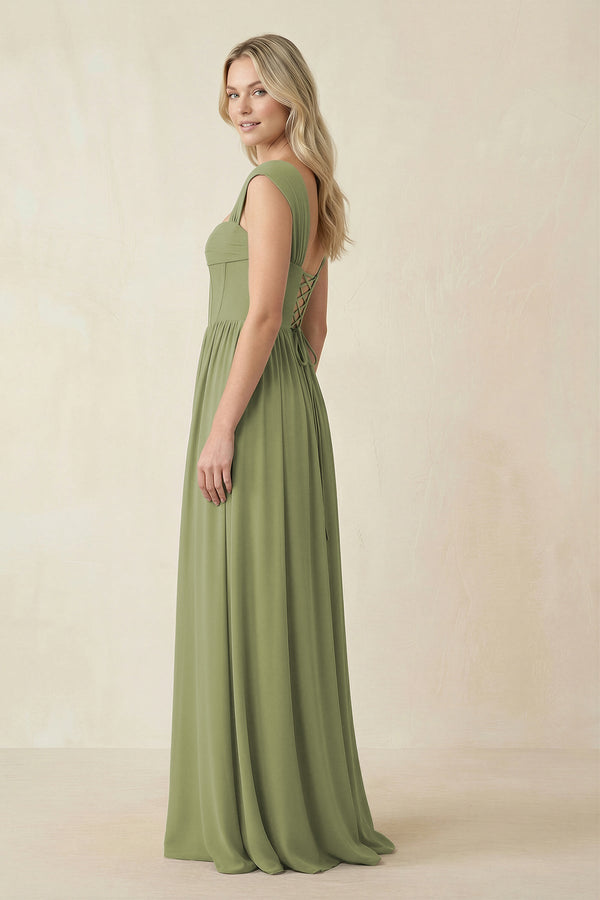 Cap Sleeve Corset A - Line Chiffon Bridesmaid Dress in Moss Green - KissProm Bridesmaid Dresses