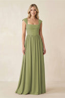 Cap Sleeve Corset A - Line Chiffon Bridesmaid Dress in Moss Green - KissProm Bridesmaid Dresses