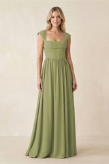 Cap Sleeve Corset A - Line Chiffon Bridesmaid Dress in Moss Green - KissProm Bridesmaid Dresses