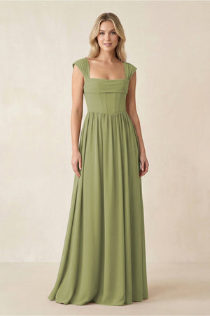 Cap Sleeve Corset A - Line Chiffon Bridesmaid Dress in Moss Green - KissProm Bridesmaid Dresses