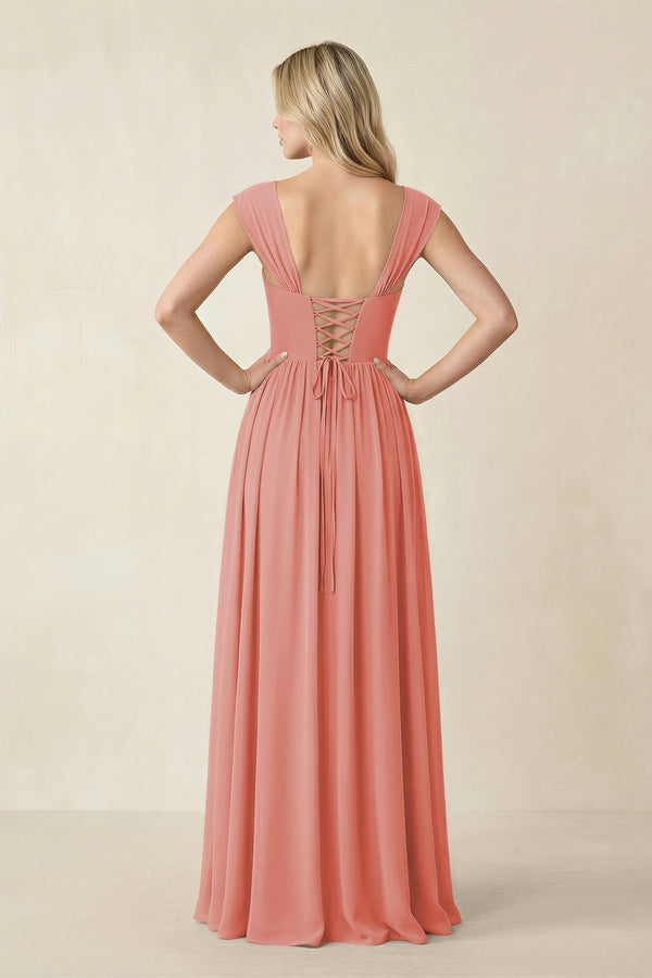 Cap Sleeve Corset A - Line Chiffon Bridesmaid Dress in Mulberry - KissProm Bridesmaid Dresses
