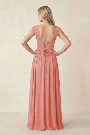 Cap Sleeve Corset A - Line Chiffon Bridesmaid Dress in Mulberry - KissProm Bridesmaid Dresses