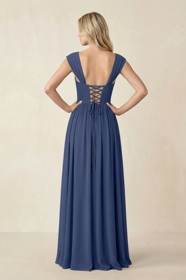 Cap Sleeve Corset A - Line Chiffon Bridesmaid Dress in Navy - KissProm Bridesmaid Dresses