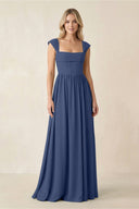 Cap Sleeve Corset A - Line Chiffon Bridesmaid Dress in Navy - KissProm Bridesmaid Dresses
