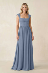 Cap Sleeve Corset A - Line Chiffon Bridesmaid Dress in Neptune - KissProm Bridesmaid Dresses