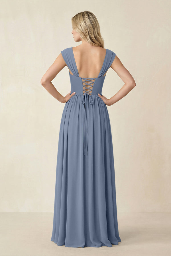 Cap Sleeve Corset A - Line Chiffon Bridesmaid Dress in Neptune - KissProm Bridesmaid Dresses