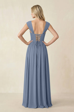 Cap Sleeve Corset A - Line Chiffon Bridesmaid Dress in Neptune - KissProm Bridesmaid Dresses