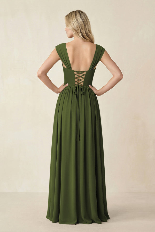Cap Sleeve Corset A - Line Chiffon Bridesmaid Dress in Olive - KissProm Bridesmaid Dresses