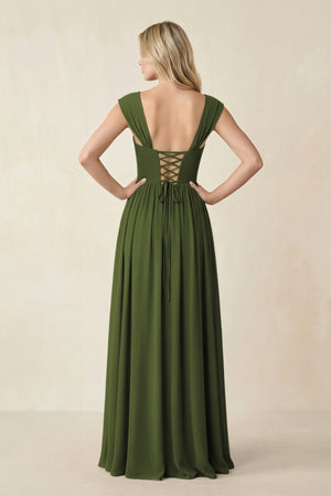 Cap Sleeve Corset A - Line Chiffon Bridesmaid Dress in Olive - KissProm Bridesmaid Dresses