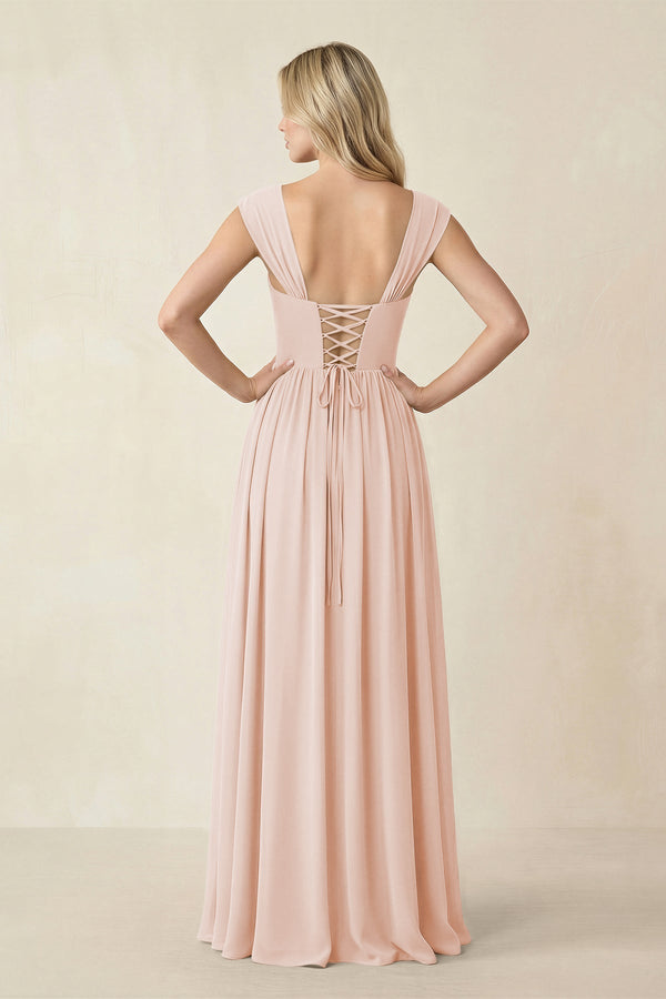 Cap Sleeve Corset A - Line Chiffon Bridesmaid Dress in Pale Blush - KissProm Bridesmaid Dresses