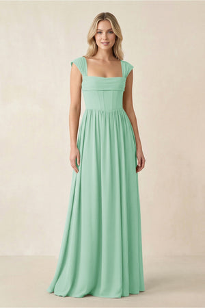 Cap Sleeve Corset A - Line Chiffon Bridesmaid Dress in Pale Pistachio - KissProm Bridesmaid Dresses