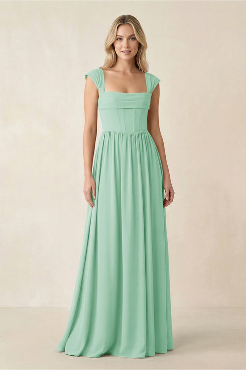 Cap Sleeve Corset A - Line Chiffon Bridesmaid Dress in Pale Pistachio - KissProm Bridesmaid Dresses