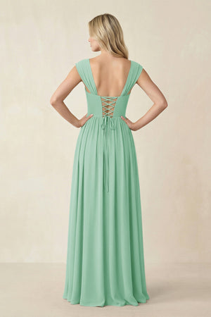 Cap Sleeve Corset A - Line Chiffon Bridesmaid Dress in Pale Pistachio - KissProm Bridesmaid Dresses