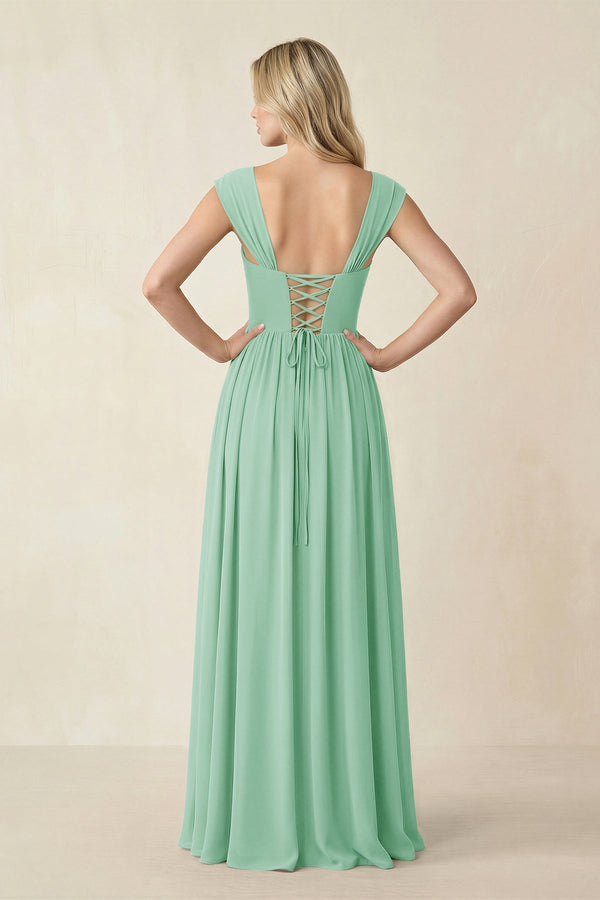 Cap Sleeve Corset A - Line Chiffon Bridesmaid Dress in Pale Pistachio - KissProm Bridesmaid Dresses