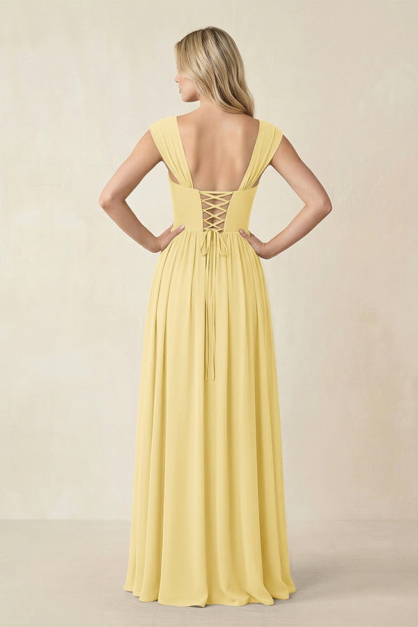 Cap Sleeve Corset A - Line Chiffon Bridesmaid Dress in Pastel Yellow - KissProm Bridesmaid Dresses