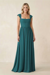 Cap Sleeve Corset A - Line Chiffon Bridesmaid Dress in Pine - KissProm Bridesmaid Dresses