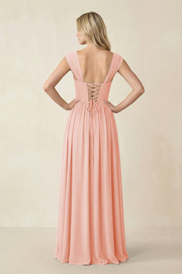 Cap Sleeve Corset A - Line Chiffon Bridesmaid Dress in Rose Petal - KissProm Bridesmaid Dresses