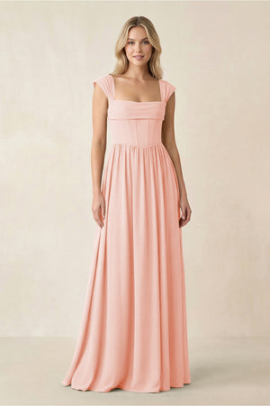 Cap Sleeve Corset A - Line Chiffon Bridesmaid Dress in Rose Petal - KissProm Bridesmaid Dresses