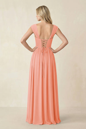 Cap Sleeve Corset A - Line Chiffon Bridesmaid Dress in Rosette - KissProm Bridesmaid Dresses
