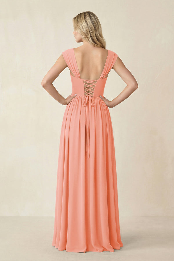 Cap Sleeve Corset A - Line Chiffon Bridesmaid Dress in Rosette - KissProm Bridesmaid Dresses