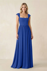 Cap Sleeve Corset A - Line Chiffon Bridesmaid Dress in Royal Blue - KissProm Bridesmaid Dresses