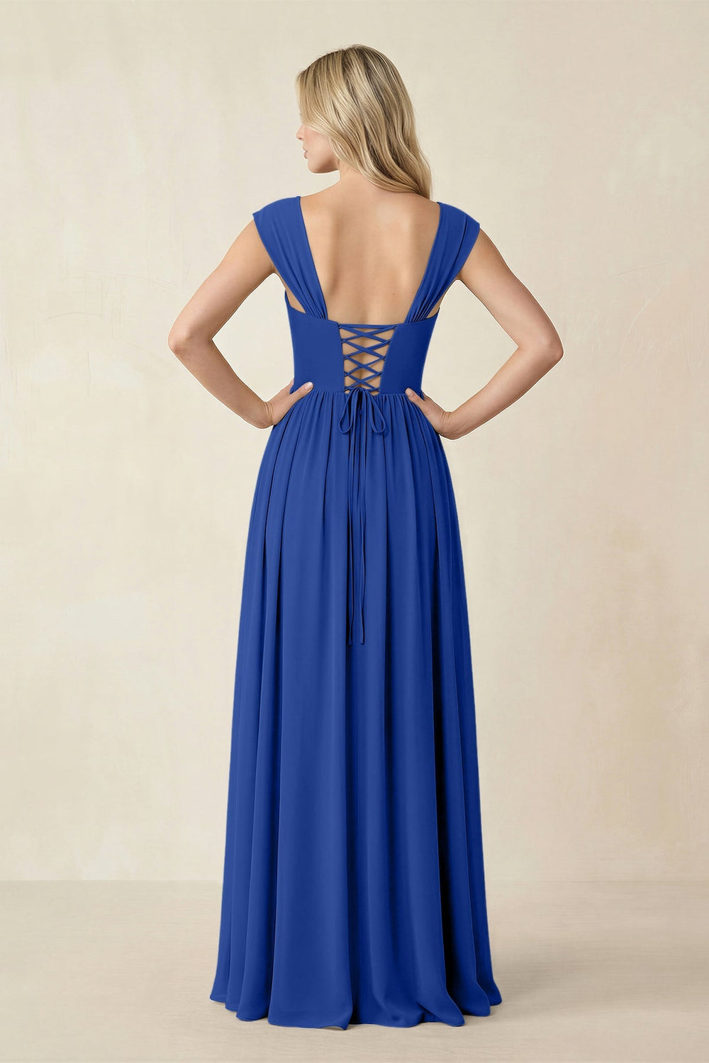 Cap Sleeve Corset A - Line Chiffon Bridesmaid Dress in Royal Blue - KissProm Bridesmaid Dresses