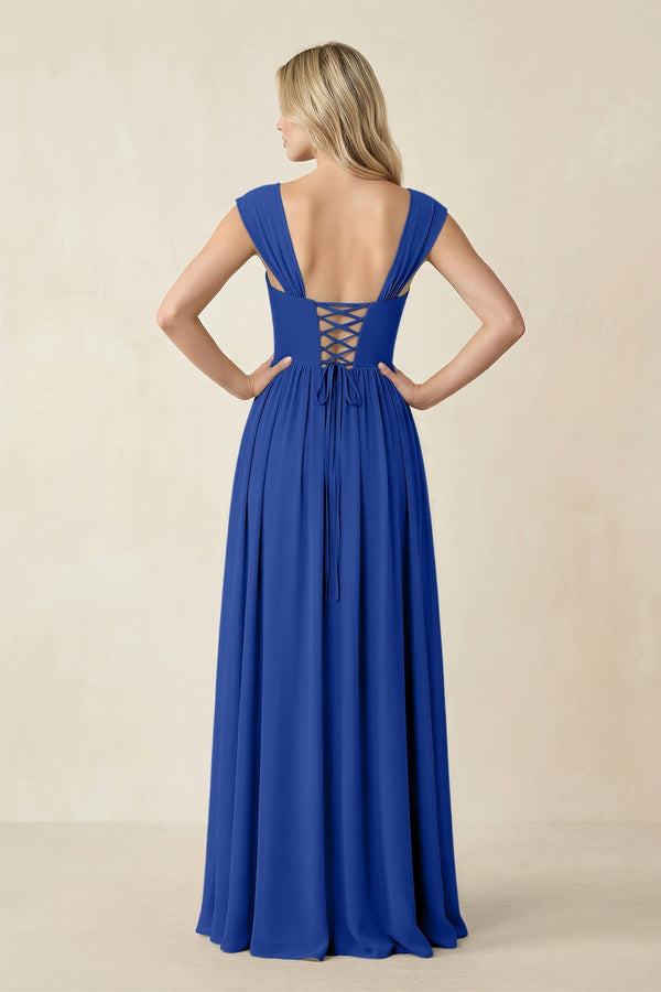 Cap Sleeve Corset A - Line Chiffon Bridesmaid Dress in Royal Blue - KissProm Bridesmaid Dresses