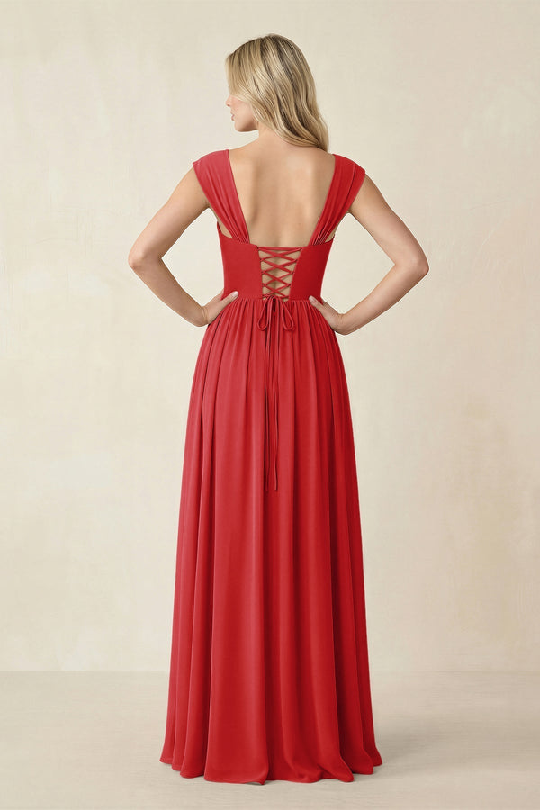 Cap Sleeve Corset A - Line Chiffon Bridesmaid Dress in Ruby Red - KissProm Bridesmaid Dresses