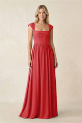 Cap Sleeve Corset A - Line Chiffon Bridesmaid Dress in Ruby Red - KissProm Bridesmaid Dresses