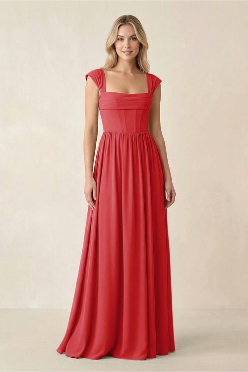 Cap Sleeve Corset A - Line Chiffon Bridesmaid Dress in Ruby Red - KissProm Bridesmaid Dresses