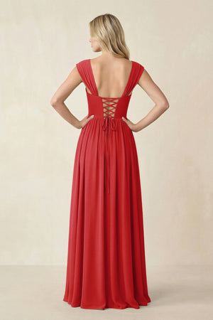 Cap Sleeve Corset A - Line Chiffon Bridesmaid Dress in Ruby Red - KissProm Bridesmaid Dresses