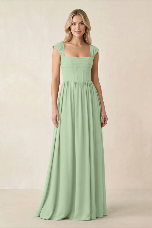 Cap Sleeve Corset A - Line Chiffon Bridesmaid Dress in Sage - KissProm Bridesmaid Dresses