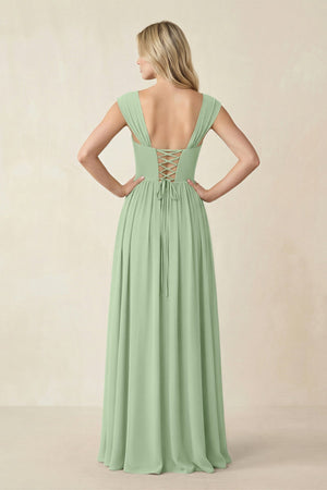 Cap Sleeve Corset A - Line Chiffon Bridesmaid Dress in Sage - KissProm Bridesmaid Dresses