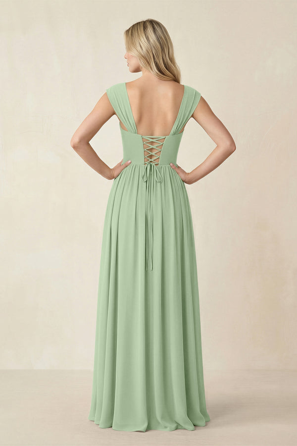 Cap Sleeve Corset A - Line Chiffon Bridesmaid Dress in Sage - KissProm Bridesmaid Dresses