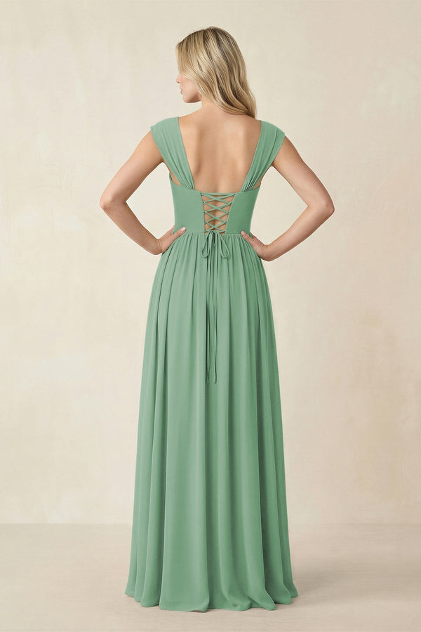 Cap Sleeve Corset A - Line Chiffon Bridesmaid Dress in Sea Glass - KissProm Bridesmaid Dresses